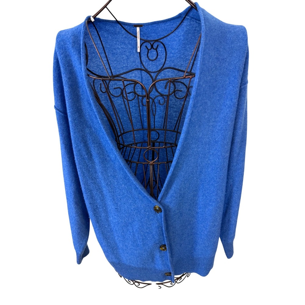 Free People Oversized V-Neck Cardigan Sweater Blue Large Slouchy Knit Button EUC